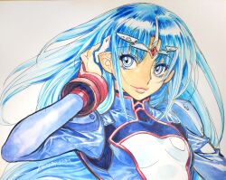 Rule 34 | 1girl, artist name, blue bodysuit, bodysuit, breasts, floating hair, hair behind ear, hand in own hair, headgear, highres, lafiel, long hair, looking to the side, parted bangs, pilot suit, pointy ears, portrait, seikai no senki, simple background, small breasts, smile, solo, traditional media, white background, yonemura kouichirou