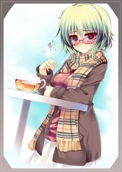 Rule 34 | 1girl, :t, alternate costume, bespectacled, border, contemporary, female focus, glasses, green hair, kazami yuuka, kettle, kusano (torisukerabasu), looking at viewer, plaid, plaid scarf, red eyes, scarf, short hair, solo, table, touhou, translation request