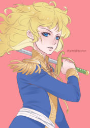 Rule 34 | 1girl, blonde hair, blue eyes, blue jacket, epaulettes, floating hair, holding, holding sword, holding weapon, jacket, long hair, long sleeves, oscar francois de jarjayes, parted lips, red background, simple background, solo, straight hair, sword, tabby chan, twitter username, versailles no bara, weapon