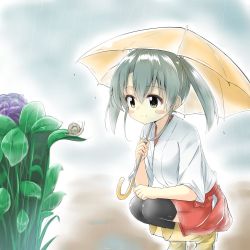 Rule 34 | 10s, 1girl, aged down, black pantyhose, black thighhighs, blush stickers, boots, closed mouth, commentary request, flower, gradient background, grey hair, hair ribbon, hakama, hakama skirt, hino (2nd life), hydrangea, japanese clothes, kantai collection, pantyhose, rain, red hakama, red skirt, ribbon, rubber boots, short hair, short sleeves, skirt, smile, snail, solo, thighhighs, twintails, umbrella, white ribbon, yellow footwear, zuikaku (kancolle)