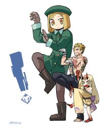 Rule 34 | !, 1boy, 2girls, arms up, bandages, belt, beowulf (fate), beret, blonde hair, boots, coat, cuffs, fate/grand order, fate (series), giant, giantess, gloves, green coat, hat, height difference, horns, ibaraki douji (fate), japanese clothes, kimono, long hair, looking at another, looking to the side, mado (mukade tou), multiple girls, oni horns, pantyhose, paul bunyan (fate), scar, shackles, short hair, standing, standing on one leg, tattoo, twitter username, white background, yellow eyes, yotsubato!, yotsubato! pose