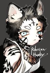 Rule 34 | &gt;:(, 1boy, :&lt;, absurdres, animal collar, animal ear fluff, animal ears, bandaid, bandaid on face, black hair, blue eyes, chain, chain necklace, collar, dog boy, dog ears, dog tags, ear piercing, english text, facial mark, fur trim, grey background, highres, husky, jacket, jacket partially removed, jewelry, looking at viewer, necklace, original, personification, piercing, portrait, shima (wansyon144), short eyebrows, short hair, solo, tattoo, thick eyebrows, v-shaped eyebrows, vest, white vest