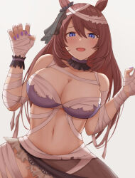 Rule 34 | 1girl, :d, animal ears, bandaged arm, bandaged hand, bandaged head, bandages, bare shoulders, blue eyes, blush, breasts, brown hair, cleavage, commentary request, cowboy shot, ear ornament, grey background, hair between eyes, hair ornament, halloween, halloween costume, highres, horse ears, horse girl, large breasts, long hair, looking at viewer, midriff, mummy costume, nail polish, navel, official alternate costume, open mouth, purple nails, shade, simple background, smile, solo, standing, stomach, super creek (chiffon ribbon mummy) (umamusume), super creek (umamusume), umamusume, upper body, yousui