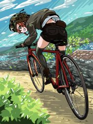 Rule 34 | 10s, 1girl, bicycle, boots, brown thighhighs, cloud, day, extra, girls und panzer, goggles, grin, helmet, helmet-chan (girls und panzer), jacket, looking at viewer, looking back, outdoors, r-ex, riding, road, shirt, short shorts, shorts, sky, smile, solo, thighhighs, white shirt