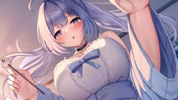 Rule 34 | 1girl, black choker, blue hair, blush, braid, breasts, choker, collarbone, commentary request, dress, ear cleaning, from below, hair ornament, highres, lap pillow, large breasts, liya, long hair, looking at viewer, mimikaki, open mouth, original, pov, purple eyes, star (symbol), star choker, white dress, wide sleeves, x hair ornament