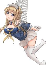 Rule 34 | 1girl, blonde hair, blue eyes, blue shirt, breasts, cargo net, caught, cleavage, commentary request, double bun, fletcher (kancolle), full body, gloves, hair bun, hairband, k jie, kantai collection, large breasts, long hair, neckerchief, net, no shoes, off shoulder, pleated skirt, sailor collar, school uniform, serafuku, shirt, simple background, skirt, solo, thighhighs, white background, white gloves, white sailor collar, white skirt, white thighhighs, yellow neckerchief