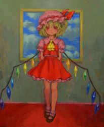 Rule 34 | 1girl, ama-tou, arms behind back, ascot, blonde hair, blush, bobby socks, child, embodiment of scarlet devil, female focus, flandre scarlet, hat, highres, mary janes, painting (object), ponytail, red eyes, shoes, short hair, side ponytail, socks, solo, standing, touhou, white socks, wings