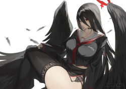 Rule 34 | 1girl, absurdres, black gloves, black hair, black serafuku, black shirt, black skirt, black thighhighs, black wings, blue archive, blush, breasts, choker, crop top, feathered wings, feathers, garter belt, garter straps, gloves, hair between eyes, halo, hasumi (blue archive), highres, large breasts, long hair, long skirt, long sleeves, looking at viewer, mole, mole under eye, neckerchief, pleated skirt, red eyes, red neckerchief, sailor collar, school uniform, serafuku, shirt, side slit, skirt, solo, thighhighs, thighs, very long hair, white sailor collar, wings, yykuaixian