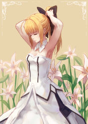 Rule 34 | 1girl, absurdres, armpits, arms up, artoria pendragon (all), artoria pendragon (fate), bare arms, black ribbon, blonde hair, breasts, cleavage, closed eyes, detached collar, dress, eyelashes, fate/grand order, fate/stay night, fate/unlimited codes, fate (series), floral background, flower, hair ribbon, hfp~kubiao, hfp～kubiao, highres, lily (flower), long hair, medium breasts, ponytail, ribbon, saber (fate), saber lily, solo, strapless, strapless dress, yellow background