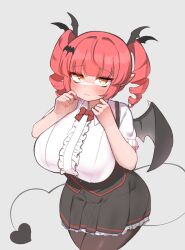 Rule 34 | 1girl, absurdres, ahoge, bat hair ornament, black pantyhose, black skirt, blunt bangs, blunt ends, blush, bow, bowtie, breasts, center frills, collared shirt, cowboy shot, demon girl, demon tail, demon wings, drill hair, eyelashes, fang, frilled skirt, frills, grey background, hair ornament, hand on own face, hands up, highres, jitome, kim aendeo, large breasts, looking at viewer, medium hair, miniskirt, original, pantyhose, pleated skirt, red bow, red bowtie, red hair, shirt, short sleeves, simple background, skin fang, skirt, solo, tail, twin drills, wavy mouth, white shirt, wide hips, wing hair ornament, wings, yellow eyes