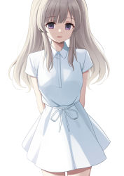 Rule 34 | 1girl, arms behind back, breasts, collared dress, commentary request, cowboy shot, deadnooodles, dress, grey hair, highres, idolmaster, idolmaster shiny colors, long hair, looking at viewer, parted lips, pleated dress, purple eyes, short sleeves, simple background, small breasts, smile, solo, standing, white background, white dress, yukoku kiriko