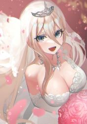 Rule 34 | 1girl, :d, absurdres, alternate costume, bare shoulders, blonde hair, blue eyes, blush, bouquet, breasts, bridal veil, cleavage, commentary request, danganronpa (series), danganronpa v3: killing harmony, dolce (dolsuke), dress, elbow gloves, flower, from above, gloves, hair between eyes, highres, iruma miu, jewelry, large breasts, long hair, looking at viewer, necklace, open mouth, petals, pink background, pink flower, pink rose, rose, sleeveless, sleeveless dress, smile, solo, strapless, strapless dress, tiara, upper body, veil, wedding dress, white gloves