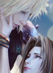 Rule 34 | 1boy, 1girl, aerith gainsborough, armor, artist name, bangle, blonde hair, bracelet, brown hair, cloud strife, crying, final fantasy, final fantasy vii, final fantasy vii rebirth, final fantasy vii remake, hair between eyes, hand on own cheek, hand on own face, highres, jewelry, looking at another, parted bangs, shanlieart, short hair, shoulder armor, sleeveless, sleeveless turtleneck, spiked hair, suspenders, tears, turtleneck, upper body
