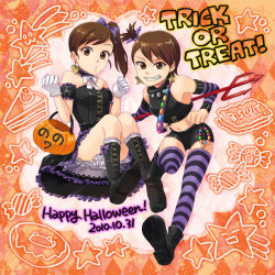 Rule 34 | 10s, 2010, 2girls, alternate costume, argyle, argyle background, argyle clothes, bad id, bad pixiv id, bloomers, brown eyes, brown hair, cake, candy, cookie, dated, doughnut, dress, food, frills, futami ami, futami mami, gloves, halloween, happy halloween, highres, idolmaster, idolmaster (classic), idolmaster 2, jack-o&#039;-lantern, long hair, mixo, multiple girls, orange background, polearm, pumpkin, short hair, siblings, side ponytail, sisters, spear, striped clothes, striped legwear, striped thighhighs, thighhighs, trick or treat, trident, twins, underwear, weapon