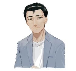Rule 34 | 1boy, a.i. voice, black eyes, black hair, blue jacket, commentary, half-closed eyes, highres, jacket, kakine, kazami souichi, looking at viewer, male focus, own hands together, shirt, simple background, smile, solo, suit jacket, upper body, white background, white shirt