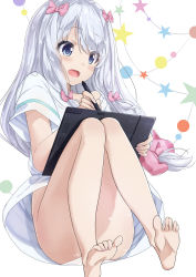 Rule 34 | 10s, 1girl, :d, bare legs, barefoot, blue eyes, blush, bow, circle, convenient leg, dendenmushi, drawing tablet, eromanga sensei, feet, hair bow, holding, izumi sagiri, knees together feet apart, legs, long hair, long legs, looking at viewer, low-tied long hair, naked shirt, no panties, off shoulder, open mouth, oversized clothes, pink bow, shirt, short sleeves, shy, sidelocks, silver hair, simple background, sketch, smile, soles, solo, star (symbol), stylus, t-shirt, toe scrunch, toes, very long hair, white background, white shirt, writing