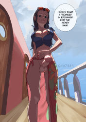Rule 34 | 1futa, absurdres, black hair, breasts, clothes, clothes grab, english text, erection, fu7444, futanari, highres, huge penis, looking at viewer, medium breasts, nico robin, one piece, penis, smile, solo, speech bubble, sunglasses, sunglasses on head, testicles