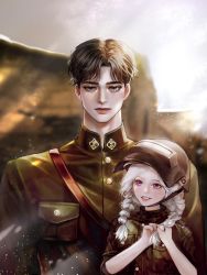 Rule 34 | 1boy, 1girl, absurdres, black hair, blue eyes, braid, child, commission, cover, cover page, haseonyeon, highres, korean commentary, light particles, looking at another, looking at viewer, military, military uniform, novel cover, original, purple eyes, short hair, sleeves rolled up, sunlight, sweatdrop, twin braids, uniform, welding mask, white hair