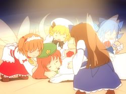 Rule 34 | 5girls, a dog of flanders, blonde hair, bow, brown hair, chestnut mouth, cirno, drill hair, closed eyes, fairy wings, hair bow, hat, hat bow, headdress, hong meiling, ice, ice wings, inubashiri momiji, inubashiri momiji (wolf), long hair, luna child, multiple girls, open mouth, parody, red hair, shirosato, short hair, sleeping, star sapphire, sunny milk, touhou, twintails, wings, world masterpiece theater