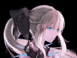 Rule 34 | 1girl, black background, blonde hair, blue eyes, braid, e ixion, eyebrows hidden by hair, fate/grand order, fate (series), from side, hair between eyes, hair ribbon, highres, long hair, looking at viewer, morgan le fay (fate), ponytail, ribbon, simple background, solo, upper body
