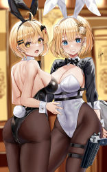 Rule 34 | 2girls, alternate costume, animal ears, arms behind back, ass, blonde hair, blue eyes, bob cut, bow, bowtie, breasts, cleavage, commentary, earrings, english commentary, gun, hair ornament, hairclip, handgun, highres, hololive, hololive english, holster, holstered, jewelry, leotard, medium breasts, multiple girls, open mouth, pantyhose, pistol, piukute062, playboy bunny, rabbit ears, rabbit tail, short hair, skindentation, smile, tail, teeth, vest, virtual youtuber, watson amelia, weapon, wide hips, yellow eyes, yozora mel
