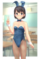 Rule 34 | 1girl, absurdres, animal ears, bare shoulders, black eyes, black hair, blue bow, blue bowtie, blue leotard, blurry, blurry background, border, bow, bowtie, breasts, classroom, cleavage, collarbone, cowboy shot, detached collar, fake animal ears, fishnet pantyhose, fishnets, highres, leotard, looking at viewer, original, outside border, pantyhose, playboy bunny, rabbit ears, school, short hair, small breasts, smile, solo, standing, strapless, strapless leotard, takafumi, v, white border, wrist cuffs
