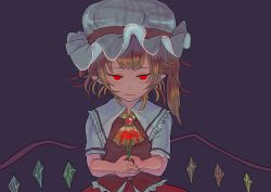 Rule 34 | 1girl, 3735geriragouki, absurdres, ascot, blonde hair, brooch, closed mouth, commentary request, crystal, dark background, flandre scarlet, flat chest, flower, frilled shirt collar, frills, half-closed eyes, hat, highres, holding, holding flower, jewelry, light smile, looking at viewer, mob cap, one side up, pointy ears, purple background, red flower, red vest, ringed eyes, short sleeves, simple background, solo, spider lily, touhou, tsurime, upper body, vest, white hat, wings, yellow ascot