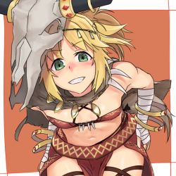Rule 34 | 1girl, bandaged arm, bandages, blonde hair, bone, cloak, fate/apocrypha, fate/grand order, fate (series), from above, green eyes, grin, i-pan, midriff, mordred (fate), mordred (fate/apocrypha), mordred (true samadhi fire) (fate), navel, ponytail, sitting, skull, smile, solo