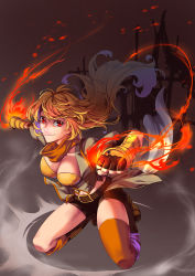 Rule 34 | 1girl, blonde hair, breasts, cleavage, female focus, fingerless gloves, fire, gloves, highres, jh, large breasts, looking at viewer, midriff, navel, red eyes, rwby, single thighhigh, smile, solo, thighhighs, yang xiao long