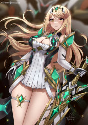 Rule 34 | 1girl, aegis sword (xenoblade), bare legs, bare shoulders, blonde hair, breasts, chest jewel, cleavage, cleavage cutout, clothing cutout, dress, earrings, elbow gloves, gloves, hand on hilt, headpiece, highres, holding, holding sword, holding weapon, jewelry, large breasts, long hair, looking at viewer, mythra (xenoblade), planted, planted sword, planted weapon, ryuuneart, short dress, smile, solo, swept bangs, sword, thigh strap, tiara, very long hair, weapon, white dress, xenoblade chronicles (series), xenoblade chronicles 2, yellow eyes