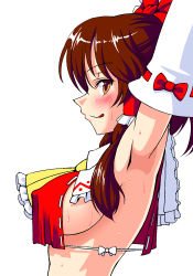 Rule 34 | 1girl, adapted costume, armpits, arms up, bow, breasts, brown eyes, brown hair, covered erect nipples, crop top, crop top overhang, detached sleeves, female focus, hair bow, hakurei reimu, hanazuka ryouji, japanese clothes, large breasts, long hair, sideboob, solo, sweat, touhou