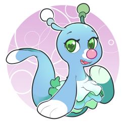 Rule 34 | 1girl, brionne, creatures (company), fangs, female focus, full body, game freak, gen 7 pokemon, green eyes, hand up, heart, heart-shaped pupils, highres, itsunknownanon, looking at viewer, nintendo, no humans, outline, pokemon, pokemon (creature), pokemon sm, purple background, simple background, smile, solo, symbol-shaped pupils, tail, teeth, two-tone background