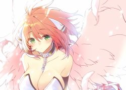 Rule 34 | 1girl, angel wings, blush, breasts, brown hair, chain, cleavage, collar, collarbone, female focus, green eyes, hair ornament, hair ribbon, ikaros, large breasts, long hair, looking at viewer, mishima kurone, multicolored hair, pink hair, ribbon, signature, simple background, solo, sora no otoshimono, twintails, two-tone hair, white background, wings