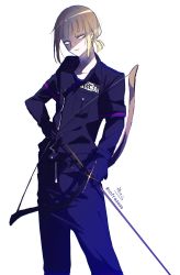 Rule 34 | 1boy, arrow (projectile), black gloves, black jacket, black pants, blonde hair, blue shirt, bow (weapon), brown eyes, closed mouth, collarbone, commentary request, gloves, highres, holding, holding arrow, holding bow (weapon), holding weapon, jacket, light smile, long sleeves, low ponytail, male focus, pants, ponytail, rook hunt, shirt, signature, simple background, sofra, solo, standing, twisted wonderland, twitter username, weapon, white background