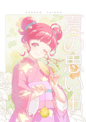 Rule 34 | 1girl, ;), ahoge, balloon, bird, blunt bangs, border, commentary request, double bun, festival, floral background, flower, flower request, hair bun, hair ornament, hair up, hand fan, holding, holding fan, hoshi (xingspresent), hoshina hikaru, hummingbird, japanese clothes, kimono, long sleeves, looking at viewer, one eye closed, paper fan, partially colored, pink eyes, pink hair, pink kimono, precure, rose, smile, solo, star (symbol), star hair ornament, star print, star twinkle precure, translated, uchiwa, upper body, water balloon, water yoyo, white border, yukata