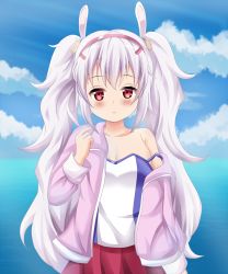 Rule 34 | 1girl, animal ears, azur lane, bare shoulders, blue sky, blurry, blurry background, breasts, rabbit ears, camisole, cleavage, cloud, commentary request, day, depth of field, hair ornament, hairband, highres, horizon, jacket, koyuki (azumaya999), laffey (azur lane), long hair, long sleeves, ocean, off shoulder, open clothes, open jacket, outdoors, pink jacket, pleated skirt, red hairband, red skirt, skirt, sky, small breasts, solo, strap slip, twintails, very long hair, water, white camisole, white hair