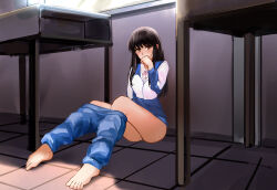 Rule 34 | 1girl, absurdres, barefoot, black hair, brown eyes, classroom, clothes pull, collared shirt, covering own mouth, desk, exhibitionism, feet, female focus, full body, hand over own mouth, highres, indoors, jacket, knees up, long hair, long sleeves, looking at viewer, masturbation, nude, original, pants, pants pull, public indecency, pussy juice, school desk, shirt, sidelocks, sitting, solo, thighs, tile floor, tiles, toes, track jacket, yuanfang de baihua lu00edn