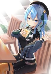 Rule 34 | 1girl, alternate costume, arm up, beret, black hat, black shirt, black skirt, blue eyes, blue hair, blue jacket, breasts, chair, choker, cup, disposable cup, drink, drinking, drinking straw, earrings, green ribbon, hair between eyes, hair ornament, hair ribbon, hat, highres, hololive, hoshimachi suisei, hoshimachi suisei (streetwear), jacket, jewelry, lace, long hair, long sleeves, looking at viewer, medium hair, nail polish, nyaa28, o-ring, o-ring thigh strap, off-shoulder jacket, off shoulder, ribbon, shirt, side ponytail, sitting, skirt, small breasts, solo, star (symbol), table, thigh strap, virtual youtuber, waving