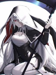 Rule 34 | 1girl, arknights, black dress, breasts, cleavage, dress, garter straps, highres, holding, holding scythe, holding weapon, long hair, long sleeves, red eyes, scythe, seiza, shark (theelegantshark), silver hair, sitting, solo, specter (arknights), thighhighs, veil, very long hair, weapon, white thighhighs