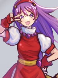 Rule 34 | 1girl, asamiya athena, earrings, fingerless gloves, gloves, highres, jewelry, long hair, looking at viewer, open mouth, purple eyes, purple hair, snk, the king of fighters