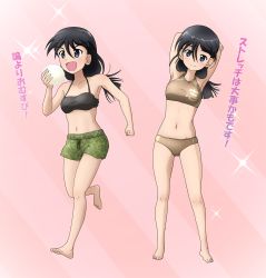 Rule 34 | 1girl, :d, arms behind head, barefoot, bikini, bikini shorts, black bikini, black eyes, black hair, blush, brown bikini, camouflage, camouflage bikini, clenched hand, closed mouth, commentary request, diagonal stripes, dual persona, food, girls und panzer, gluteal fold, green bikini, haiiro purin, hair between eyes, highres, holding, kubota rin, long hair, looking at viewer, low-tied long hair, mismatched bikini, navel, onigiri, open mouth, pink background, running, shorts, smile, standing, stretching, striped, striped background, swimsuit, tankini, translation request