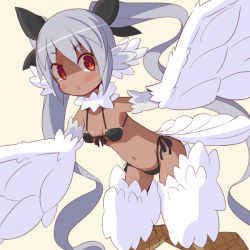 Rule 34 | 1girl, beige background, bikini, bird legs, black bikini, blush, breasts, commentary request, dark-skinned female, dark skin, feathered wings, feathers, garoudo (kadouhan&#039;i), grey hair, harpy, long hair, monster girl, navel, parted lips, red eyes, side-tie bikini bottom, small breasts, solo, swimsuit, twintails, white feathers, winged arms, wings