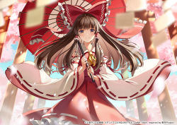 Rule 34 | 1girl, ascot, banned artist, blurry, blurry background, blurry foreground, blush, brown eyes, brown hair, closed mouth, commentary request, depth of field, detached sleeves, frilled skirt, frills, hair tubes, hakurei reimu, holding, holding umbrella, long hair, long sleeves, looking at viewer, official art, oil-paper umbrella, red shirt, red skirt, red umbrella, ribbon-trimmed skirt, ribbon-trimmed sleeves, ribbon trim, shirt, skirt, sleeveless, sleeveless shirt, smile, solo, touhou, umbrella, very long hair, white sleeves, wide sleeves, yellow ascot, yuuka nonoko