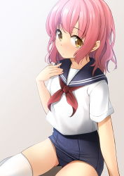 Rule 34 | ascot, blue one-piece swimsuit, blue sailor collar, blush, closed mouth, highres, looking at viewer, medium hair, old school swimsuit, one-piece swimsuit, original, pink hair, red ascot, sailor collar, school swimsuit, school uniform, serafuku, shibacha, shirt, short sleeves, simple background, sitting, swimsuit, swimsuit under clothes, tan background, thighhighs, thighs, uniform, wavy hair, white shirt, white thighhighs, yellow eyes