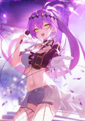 Rule 34 | 1girl, absurdres, asymmetrical sleeves, belt, black choker, black jacket, breasts, chain earrings, choker, crop top, cropped jacket, fishnet thighhighs, fishnets, garter straps, gloves, green eyes, half-skirt, highres, holding, holding microphone, hololive, jacket, jiang ye kiri, long hair, looking at viewer, medium breasts, microphone, midriff, multicolored clothes, multicolored jacket, navel, official alternate costume, open mouth, outstretched hand, ponytail, purple hair, shorts, single glove, single thighhigh, solo, stage, thighhighs, tokoyami towa, tokoyami towa (break your xxx), two-tone jacket, uneven sleeves, virtual youtuber, white belt, white garter straps, white gloves, white jacket, white shorts
