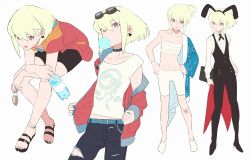Rule 34 | 1boy, animal ears, anklet, bottle, blowing bubbles, casual, chewing gum, choker, formal, goggles, goggles on head, green hair, hidakarumen, hood, jewelry, lio fotia, male focus, multiple views, nail polish, open mouth, pants, ponytail, promare, purple eyes, rabbit ears, sandals, sarashi, shirt, short hair, simple background, sitting, smile, suit, sunglasses, torn clothes, torn pants, water bottle, white background