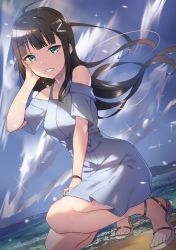 Rule 34 | 1girl, ahoge, beach, black hair, blue dress, blue sky, blunt bangs, blush, cloud, commentary request, day, dress, dutch angle, floating hair, green eyes, hair ornament, hairclip, hand in own hair, hand up, highres, kurosawa dia, long hair, love live!, love live! sunshine!!, mole, mole under mouth, ocean, outdoors, parted lips, sandals, short sleeves, sky, smile, solo, sparkle, squatting, water, white footwear, wind, wristband, yamaori (yamaorimon)