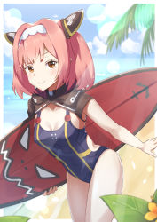 Rule 34 | 1girl, azur lane, beach, blurry, breasts, cleavage, cloud, collarbone, cowboy shot, day, depth of field, from side, hair ornament, headband, highres, holding, holding behind back, kusubii, leaf, legs together, lens flare, looking at viewer, ocean, one-piece swimsuit, outdoors, palm tree, parted bangs, pink hair, plant, short hair, small breasts, smile, summer, surfboard, swimsuit, thighs, tree, two side up, u-81 (azur lane), yellow eyes