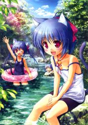 Rule 34 | 4girls, :d, ;d, = =, absurdres, animal ears, bekkankou, bell, bike shorts, blue hair, breasts, cat ears, cat tail, forest, highres, huge filesize, innertube, jingle bell, long hair, multiple girls, nature, one-piece swimsuit, one eye closed, open mouth, original, ponytail, red eyes, scan, school swimsuit, sitting, small breasts, smile, soaking feet, strap slip, stream, sunlight, swim ring, swimsuit, tail, twintails, wading, water, waving, wet, wink