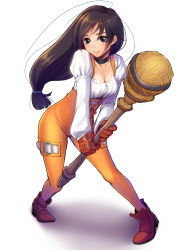 Rule 34 | 00s, 1girl, ankle boots, black hair, blouse, blue eyes, blush, bodysuit, boots, breasts, brown hair, buckle, choker, cleavage, collarbone, corset, final fantasy, final fantasy ix, full body, garnet til alexandros xvii, gloves, high heel boots, high heels, holding, holding weapon, leaning forward, light smile, long hair, long sleeves, looking at viewer, looking away, low-tied long hair, mondi hl, pigeon-toed, puffy long sleeves, puffy sleeves, red footwear, red gloves, ribbon, shadow, shirt, simple background, smile, solo, square enix, staff, standing, thigh strap, unitard, very long hair, weapon, white background